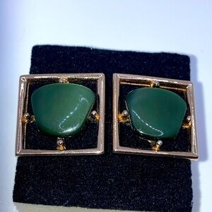 Vtg MCM Sarah Coventry Gold Tone Green Stone Square Cufflinks .8”